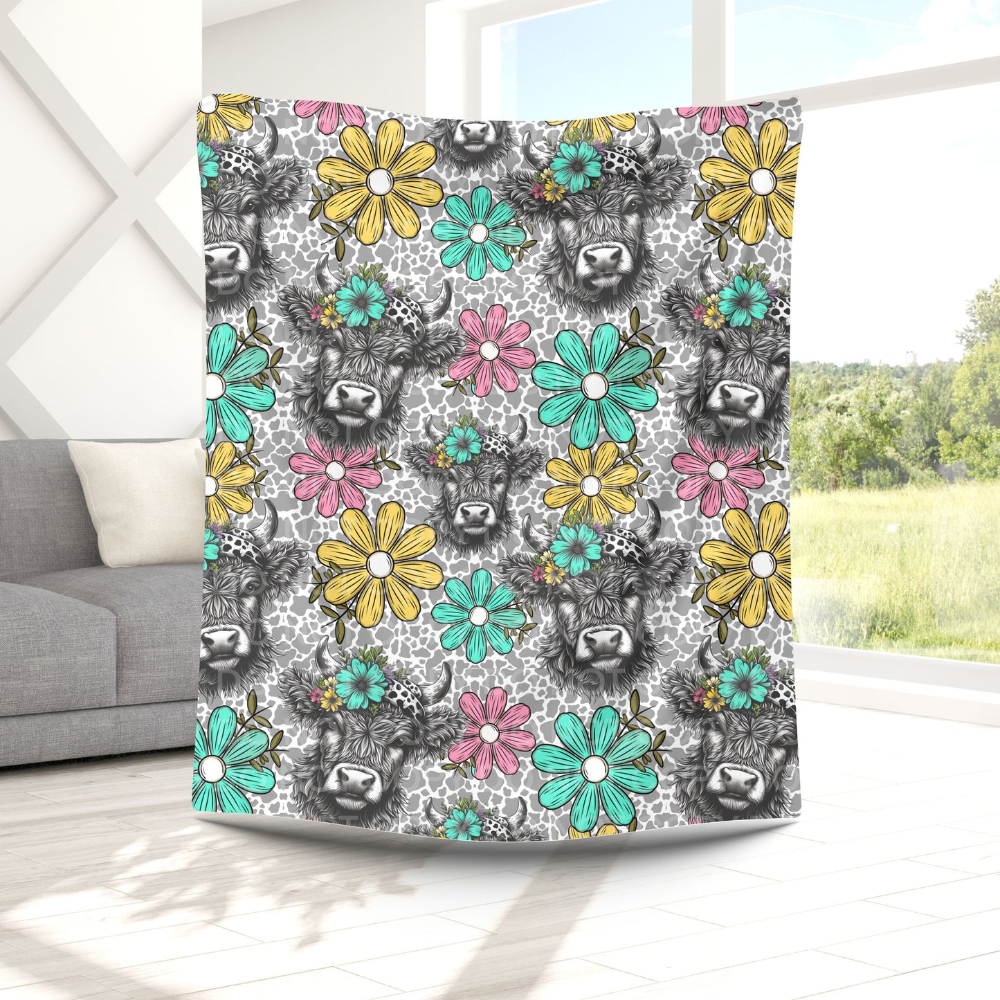 Boho Highland Cow Plush Blanket 50x60 | Floral Western Throw | Pre-Order