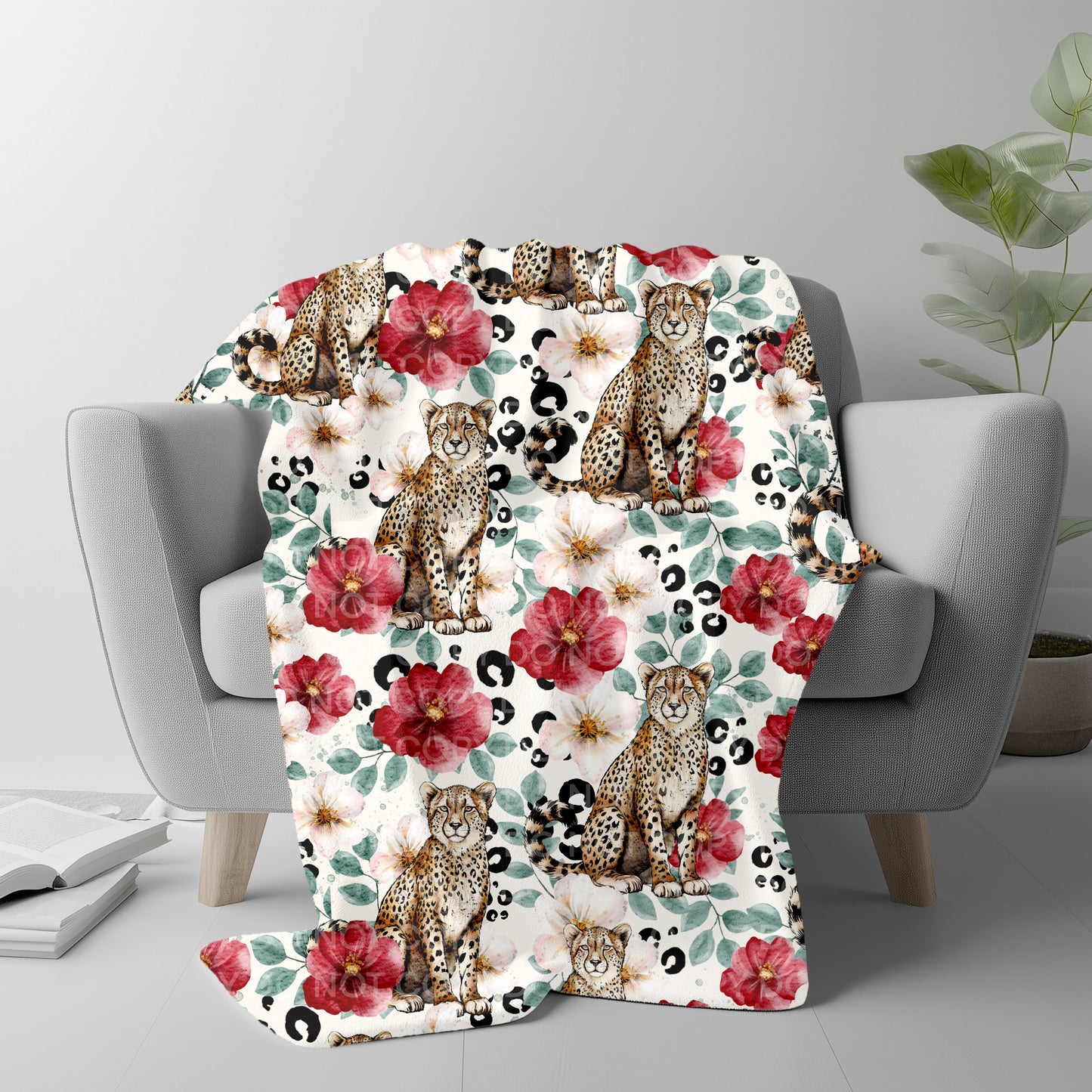 Floral Leopard Plush Blanket 50x60 | Red Flower Cheetah Throw | Pre-Order
