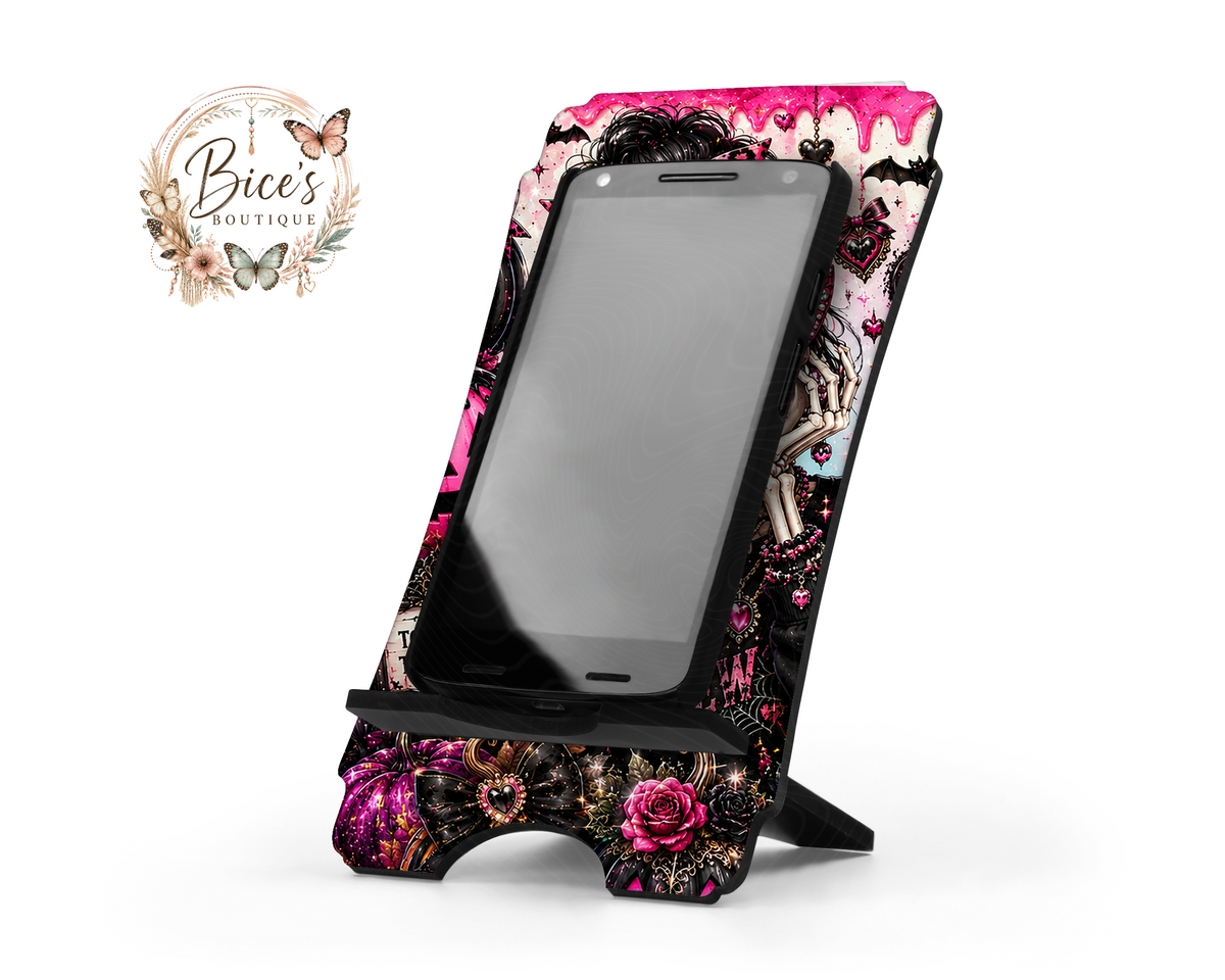 Boojee Skeleton Phone Stand – Pink & Black Halloween Design