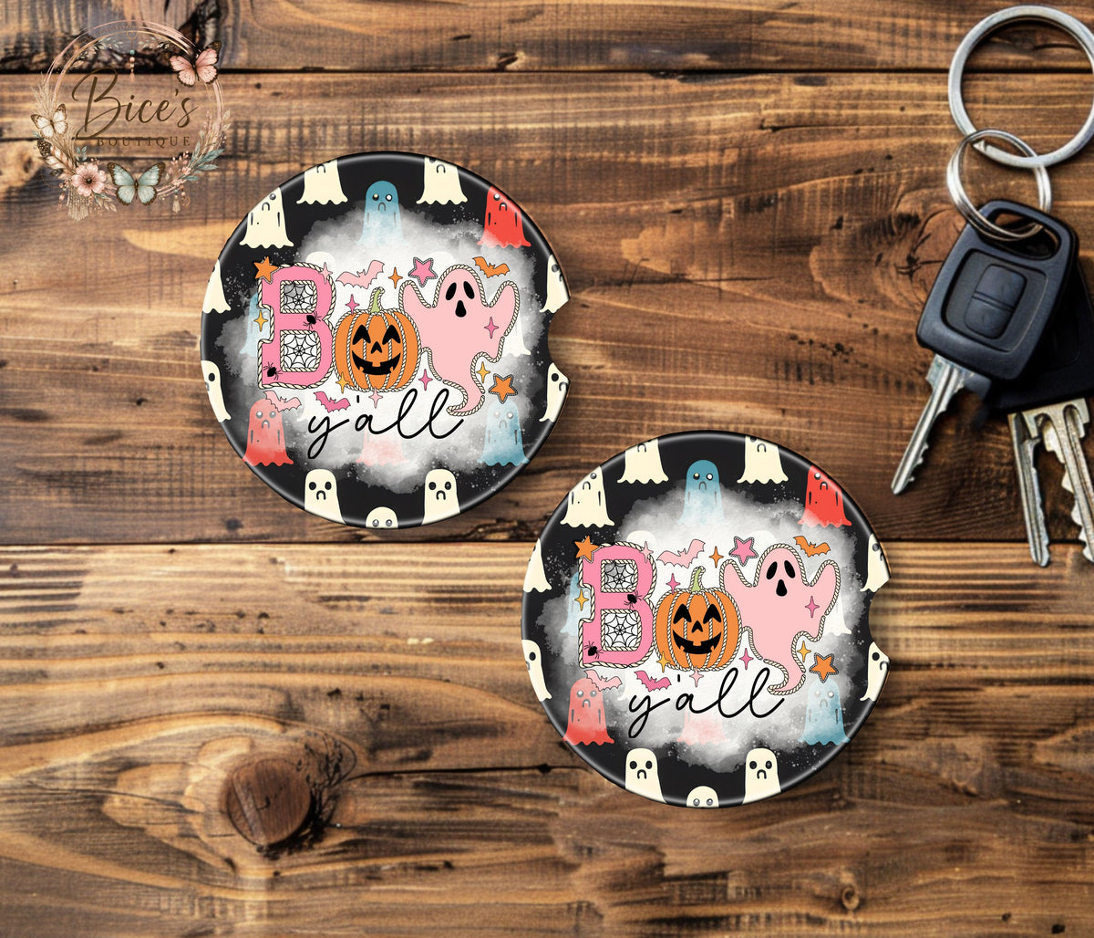 Boo Y’all Cute Ghost Halloween Car Coaster Set