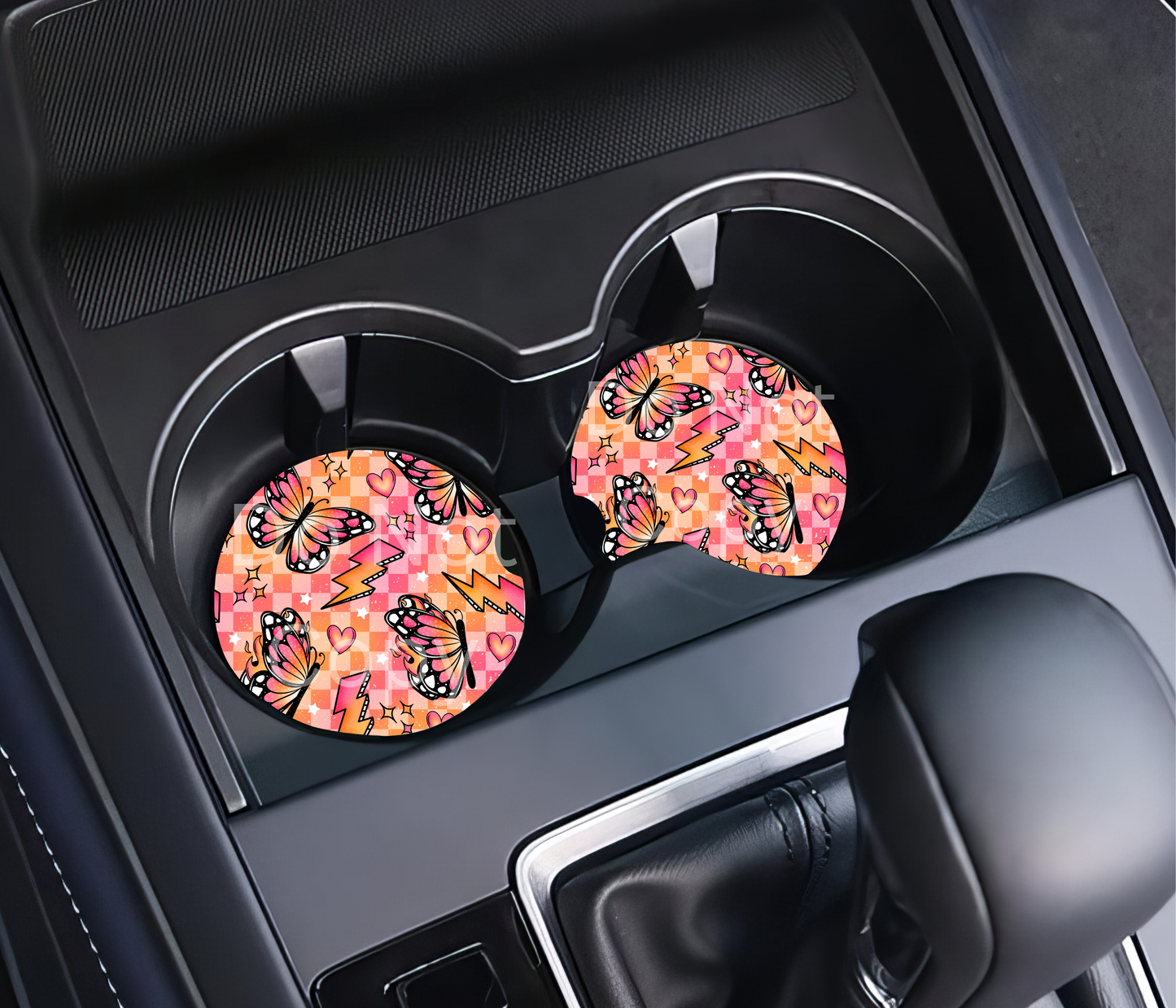 Butterfly Car Coasters – Pink & Orange Checkered Cup Holder Set
