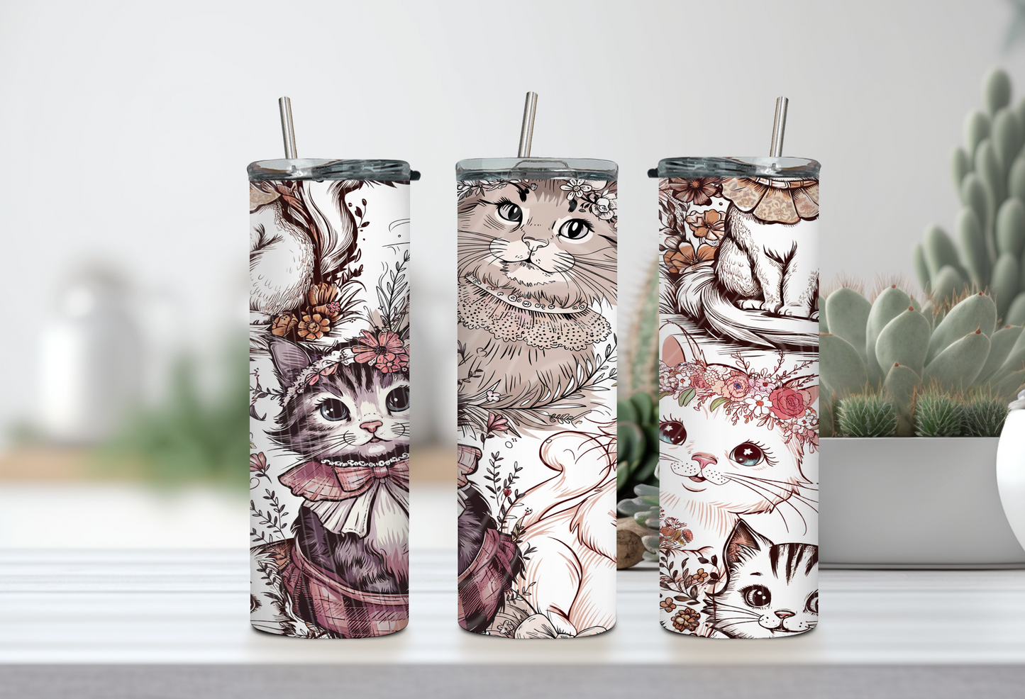 Vintage Floral Cat Tumbler – 20oz Skinny Stainless Steel Tumbler
