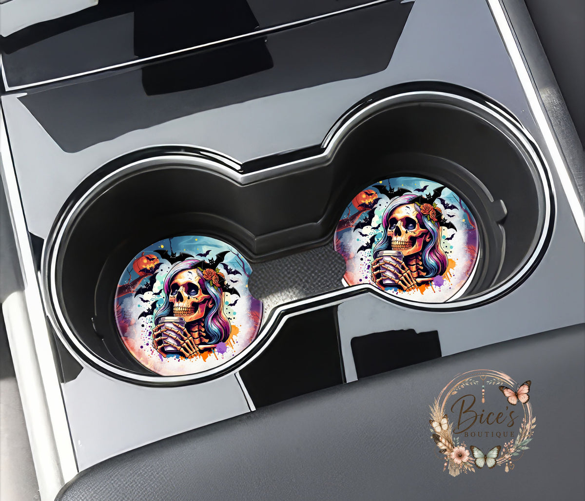 Coffee Loving Skeleton Halloween Car Coaster Set