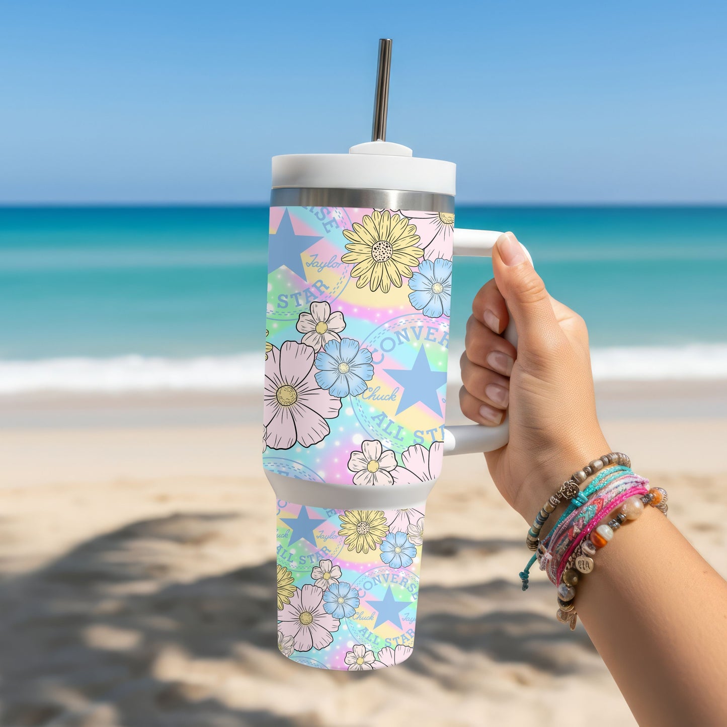 Pastel Floral Star Tumbler | 40oz Insulated Stainless Steel Cup with Handle
