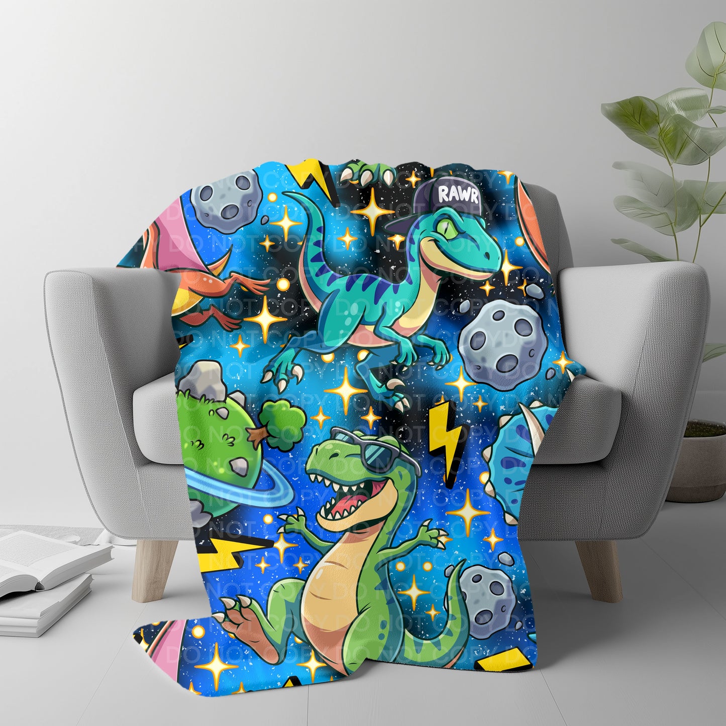 Space Dino Plush Blanket – Cute Cartoon Dinosaur Galaxy Throw