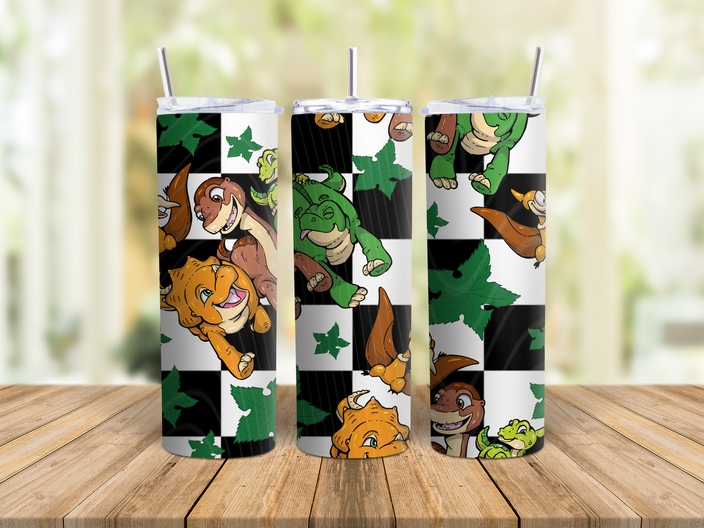 Dino Friends Checkered Tumbler – Cute Prehistoric 20oz Skinny Tumbler