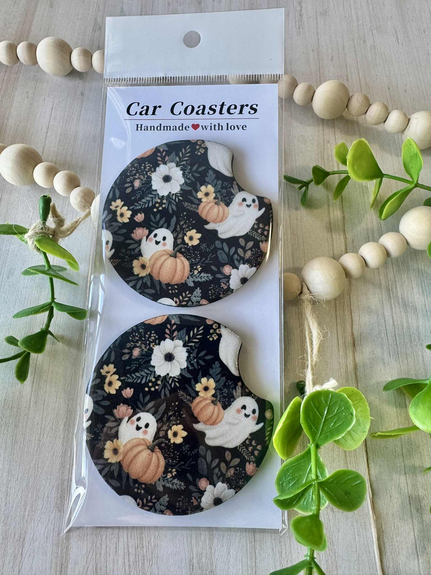 Spooky Cute Ghost & Pumpkin Car Coasters