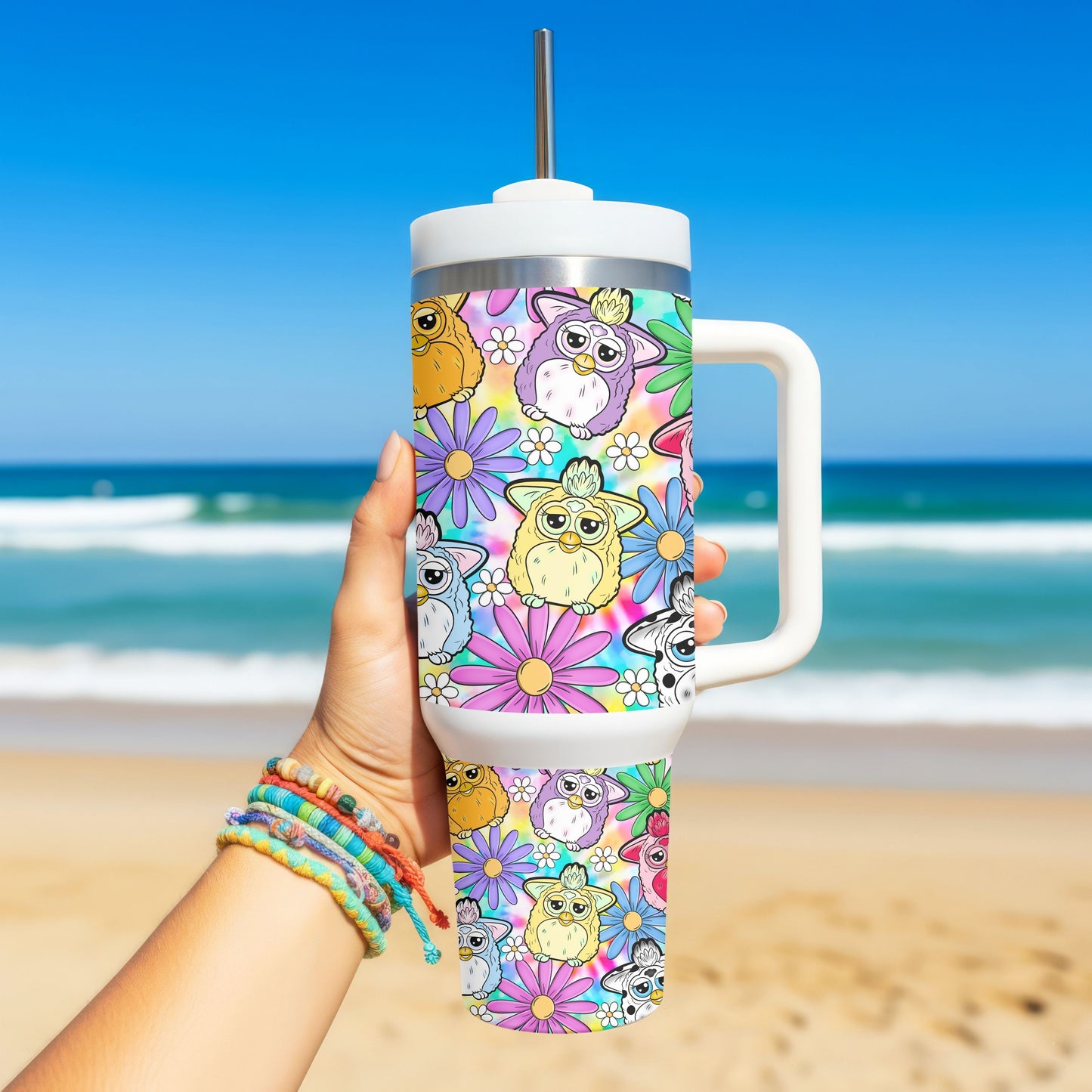 Pastel Fuzzy Critter Tumbler | Cute Retro-Inspired 40oz Handled Stainless Steel Tumbler