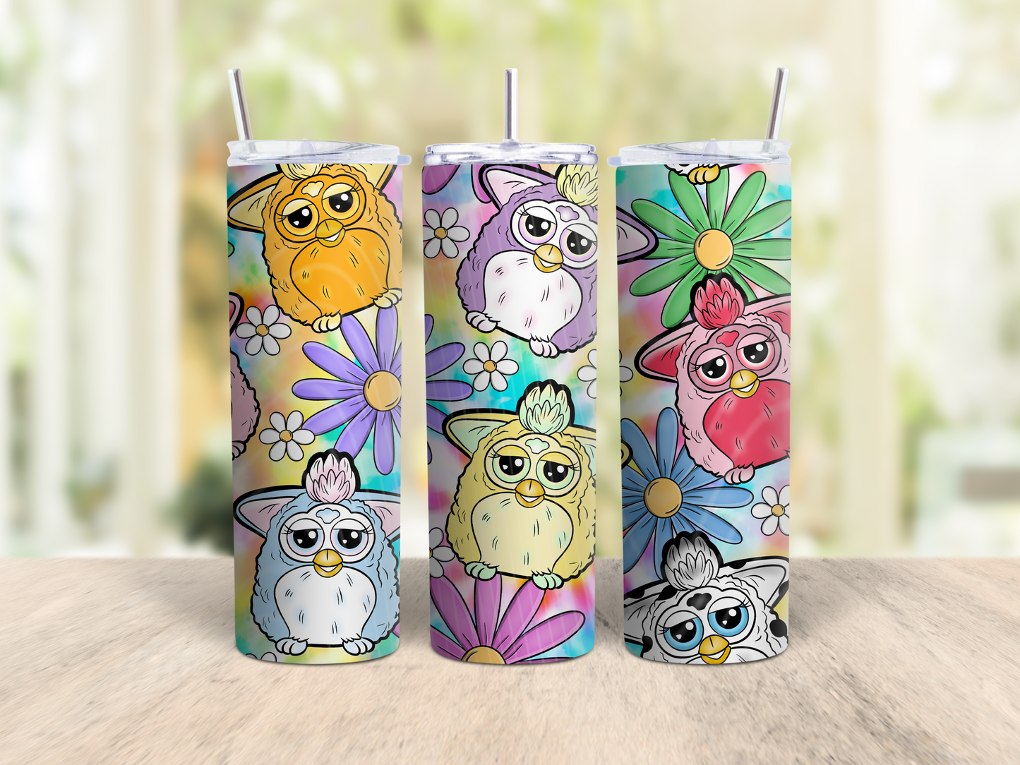Retro Fuzzy Creature Floral Tumbler – Cute Y2K Style 20oz Skinny Tumbler