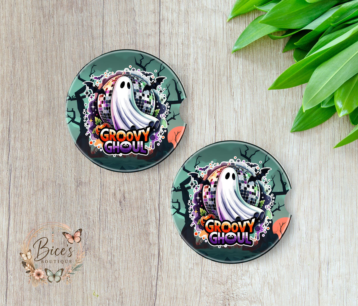 Groovy Ghouls Disco Ghost Halloween Car Coaster Set