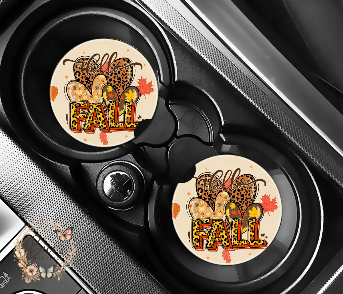 Hello Fall Leopard Pumpkin Car Coaster Set