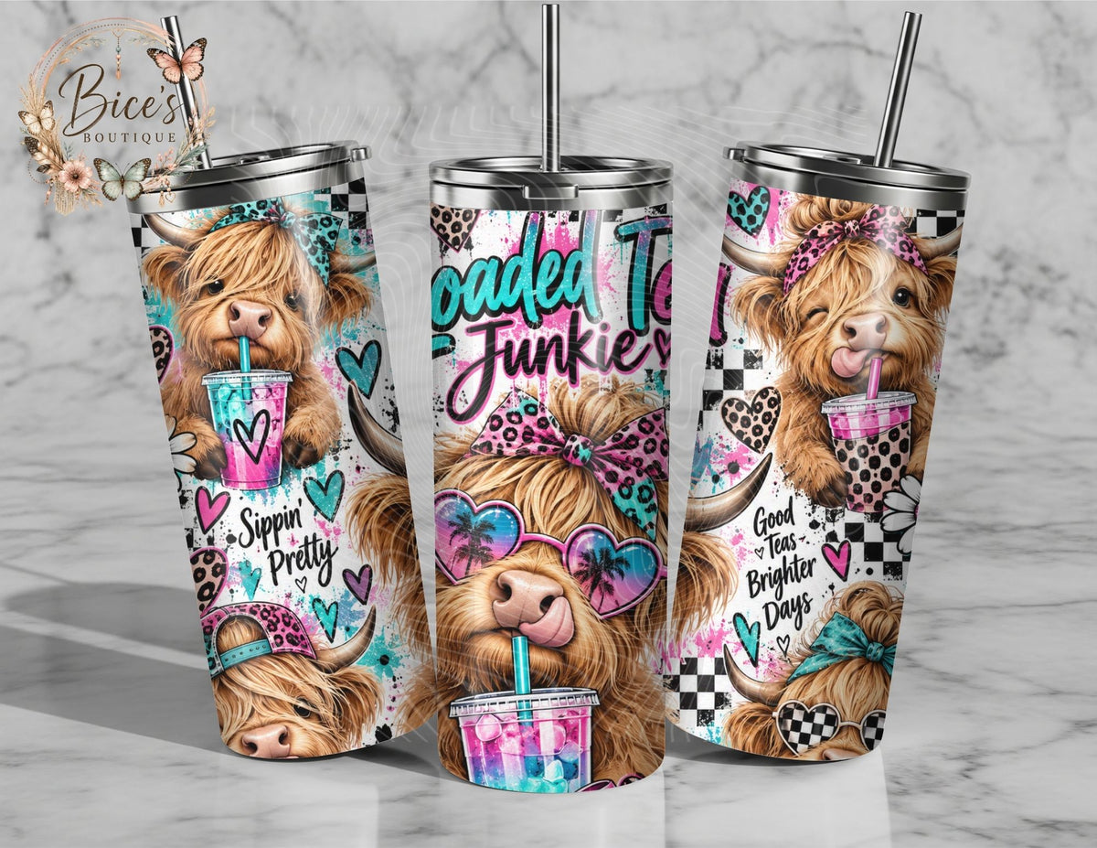 Loaded Tea Junkie Highland Cow 20oz Skinny Tumbler