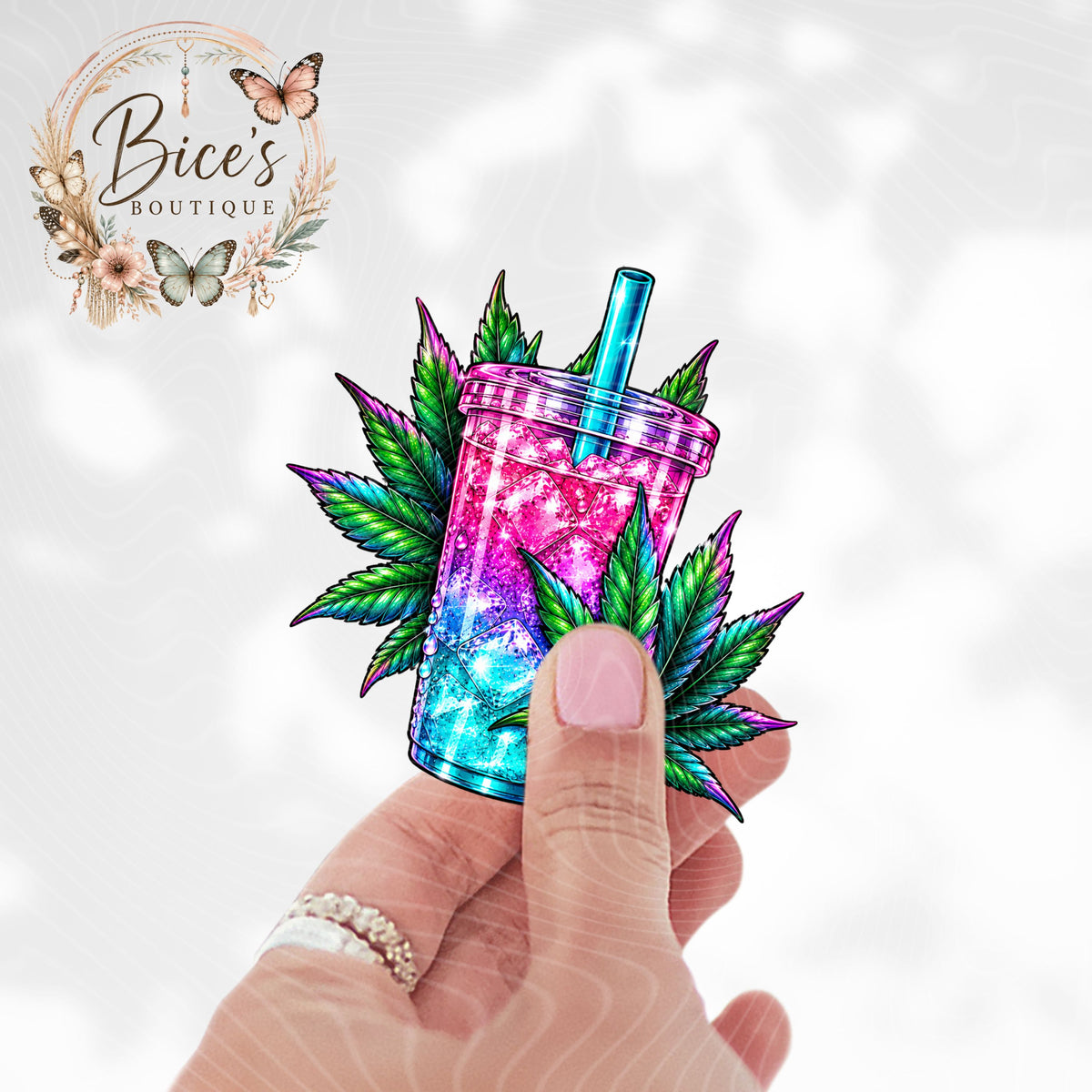 Loaded Tea & Cannabis Leaves UV DTF Decal β Colorful 420 Cup Decal