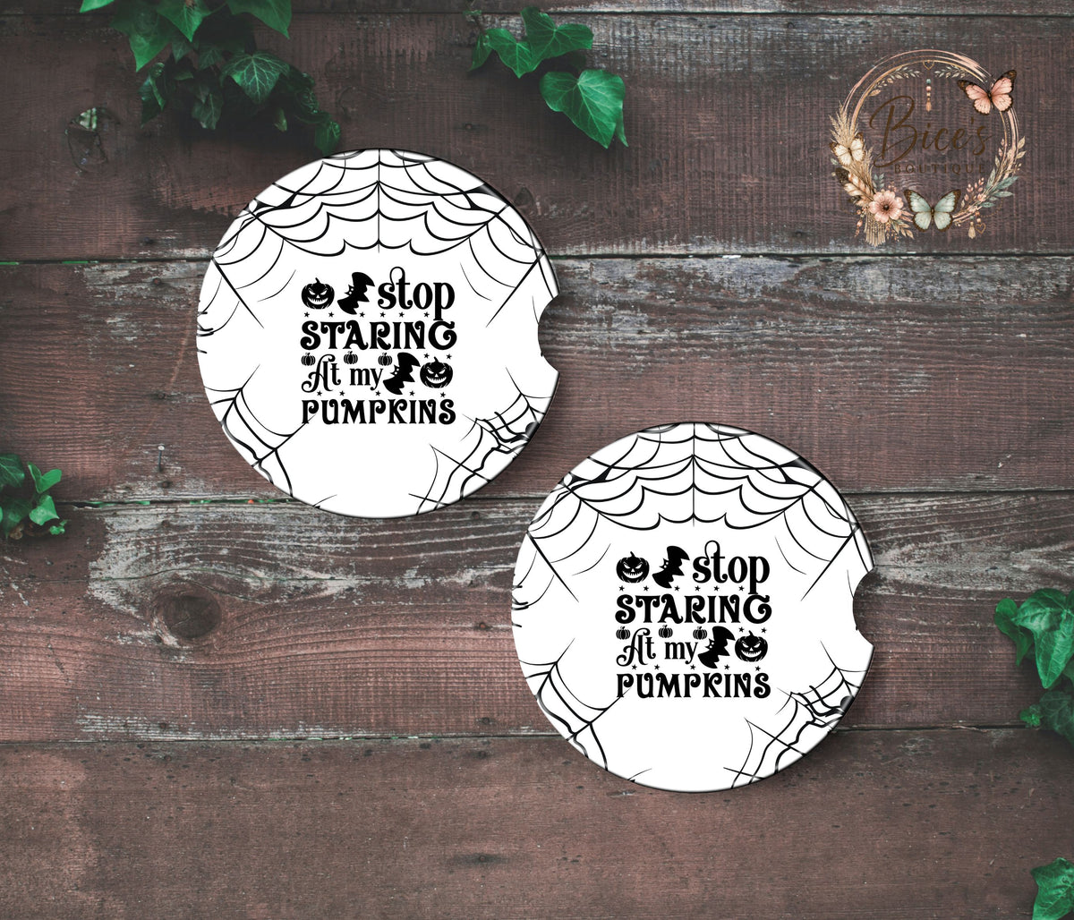 Stop Staring at My Pumpkins Halloween Car Coaster Set