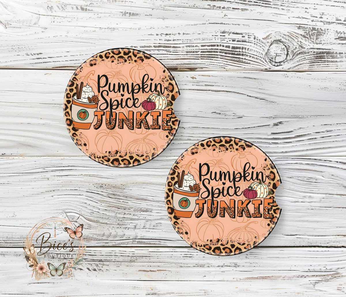 Pumpkin Spice Junkie Leopard Car Coaster Set