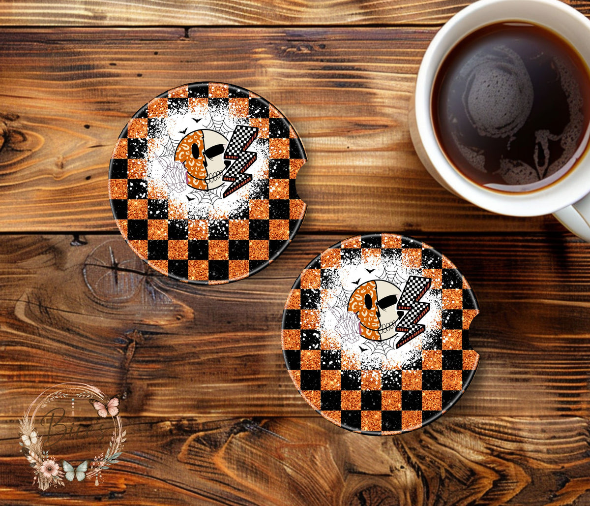 Retro Orange & Black Halloween Skull Car Coaster Set