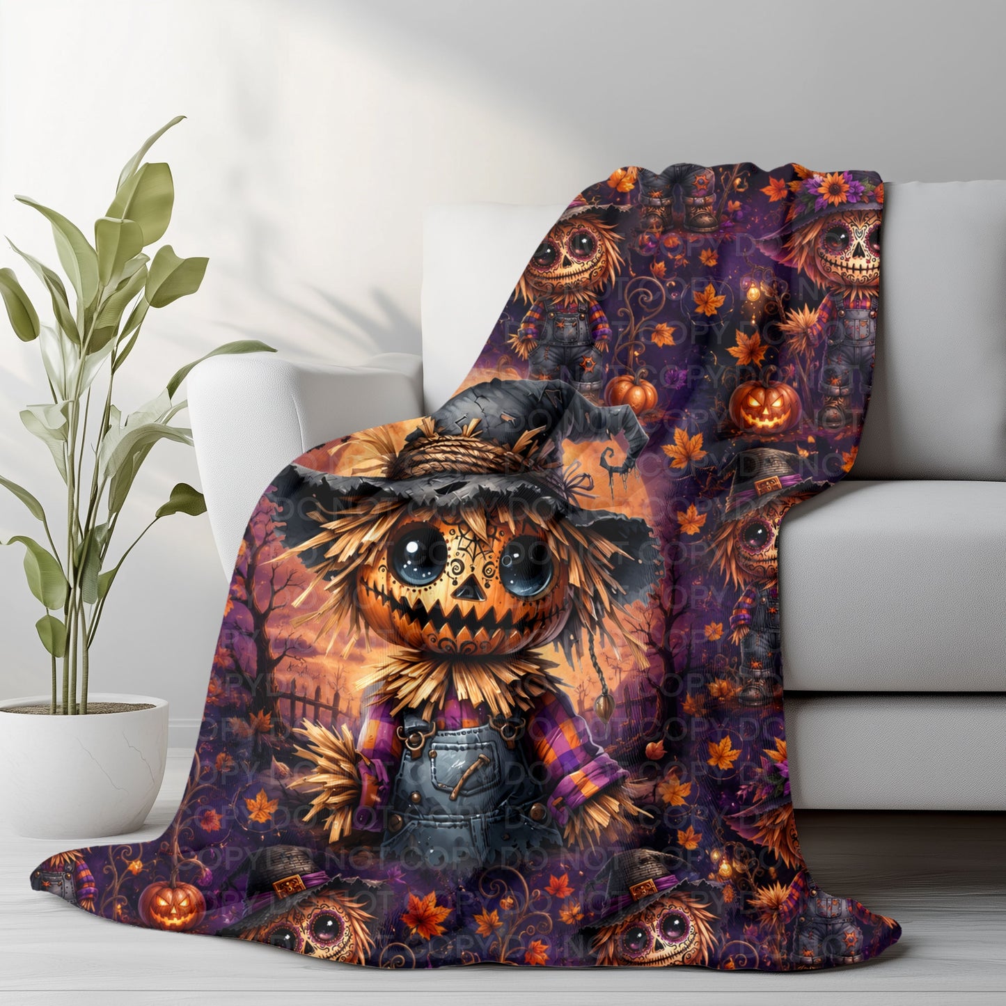 Whimsical Autumn Scarecrow Throw Blanket | Cozy Fall Home Décor