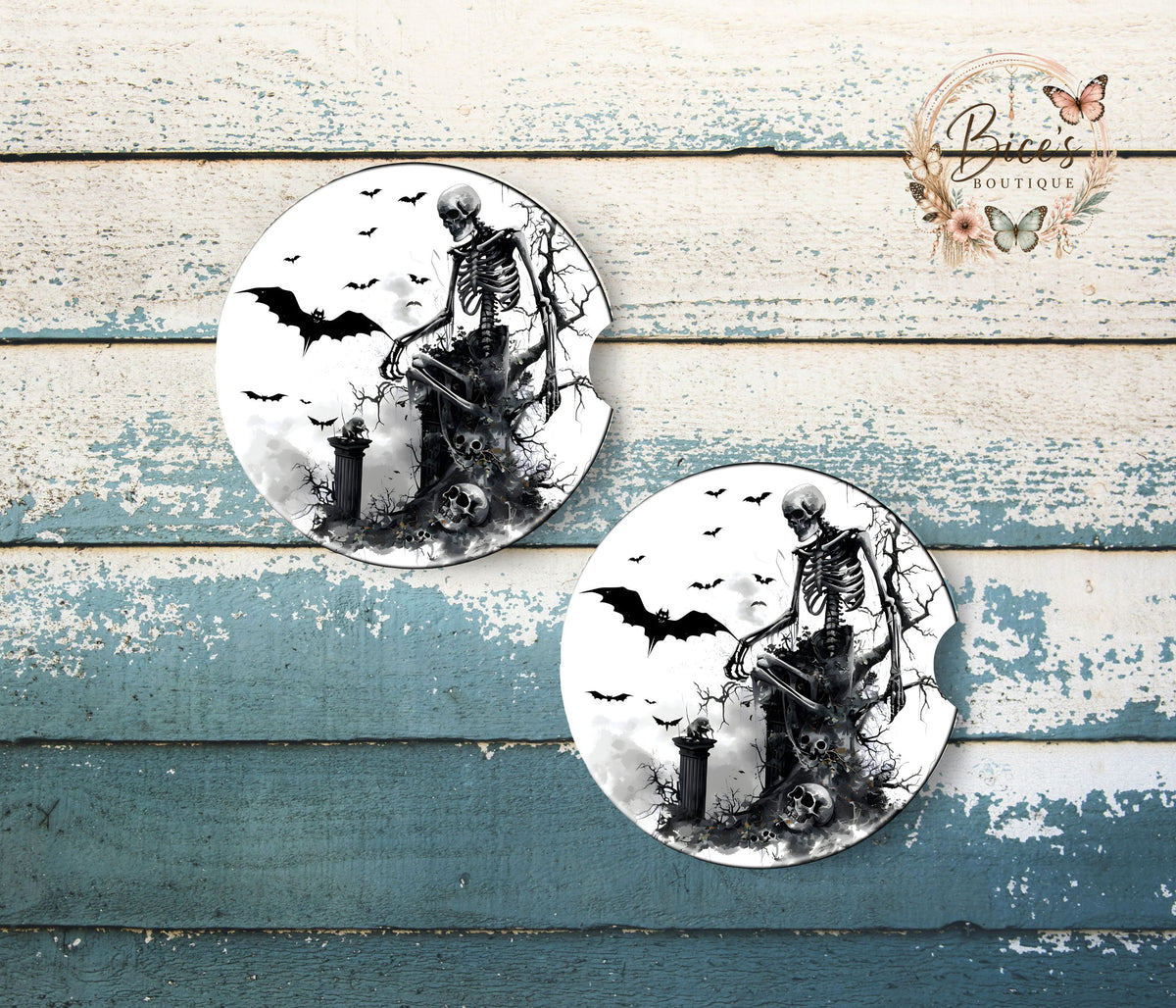 Black & White Skeleton Graveyard Halloween Car Coaster Set