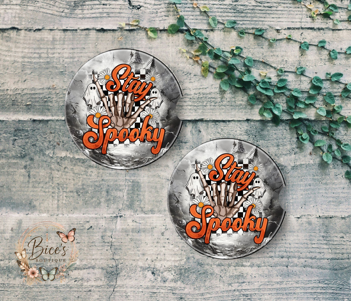 Stay Spooky Ghost & Skeleton Halloween Car Coaster Set