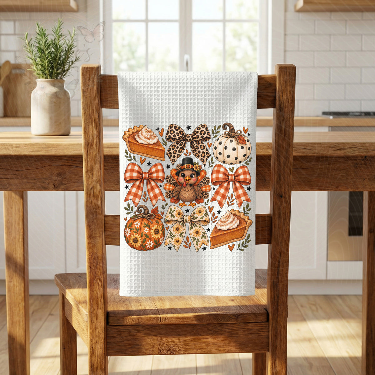 Cute Turkey & Bows Thanksgiving Kitchen Towel – Girly Fall Décor