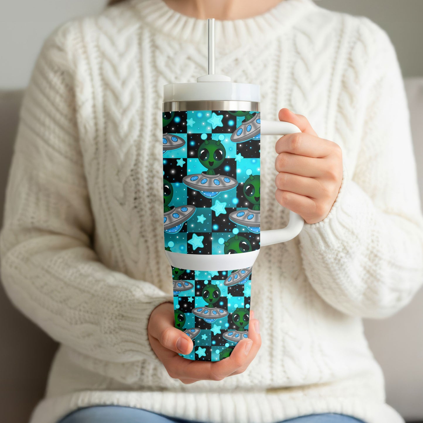 Cute Alien UFO Tumbler | 40oz Insulated Stainless Steel Cup with Handle