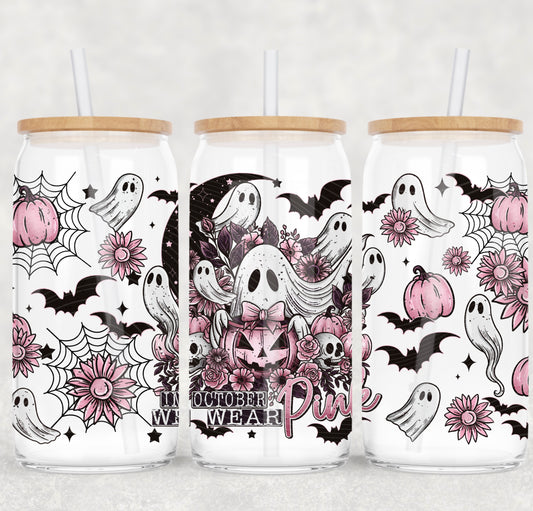 🎀 “In October We Wear Pink” 16oz Glass Tumbler 🎀