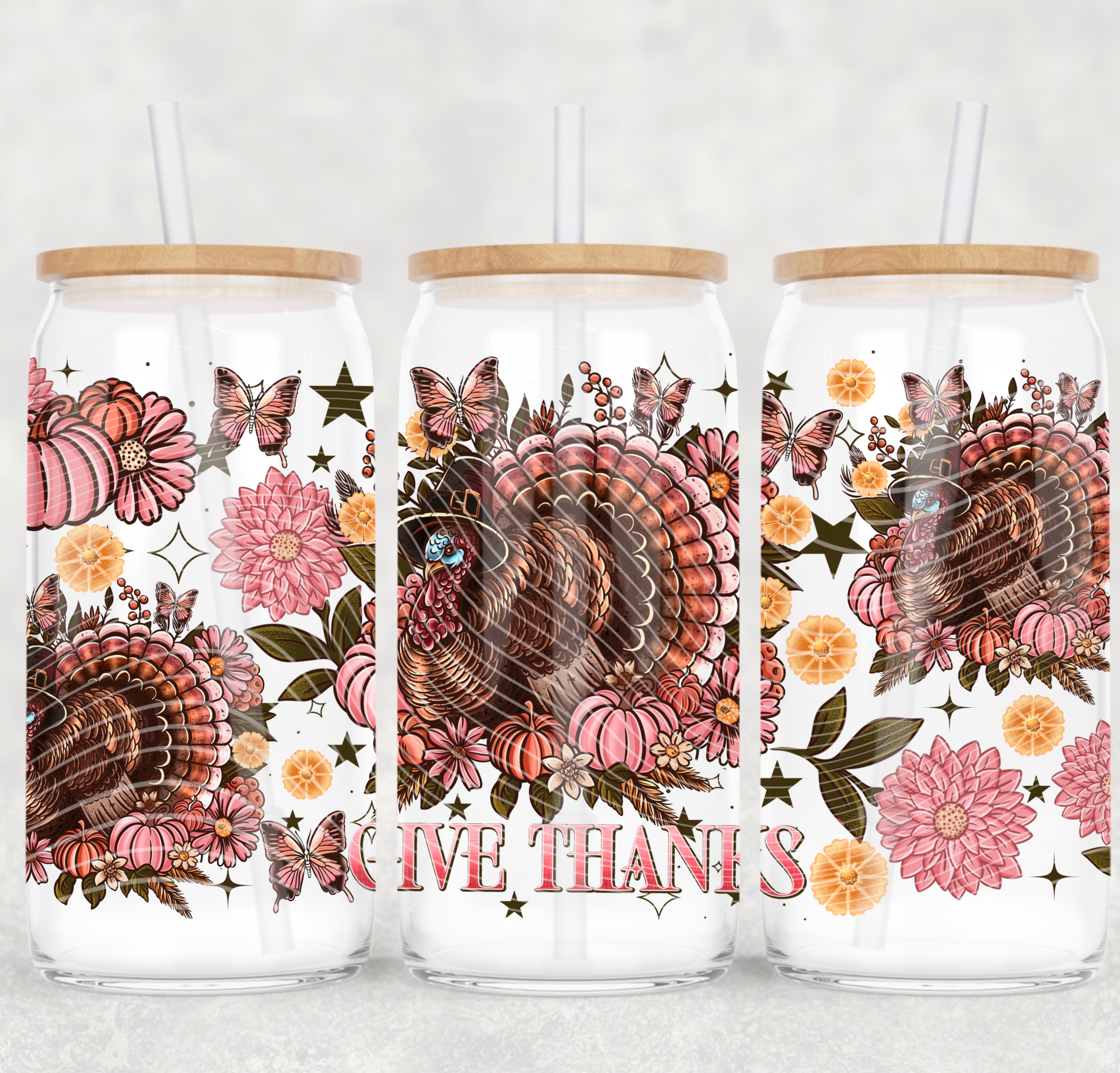 🦃 “Give Thanks” Fall Floral Turkey 16oz Glass Tumbler 🦃