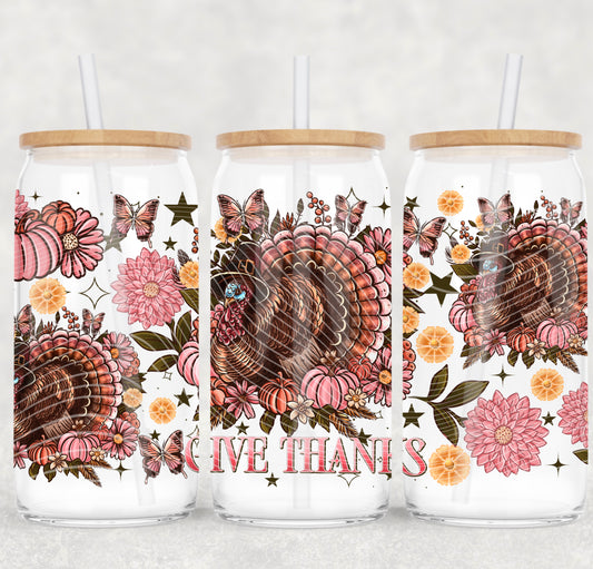 🦃 “Give Thanks” Fall Floral Turkey 16oz Glass Tumbler 🦃