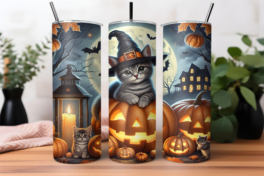 Witchy Kitty 20oz Tumbler – Cute Halloween Cat & Pumpkin Tumbler