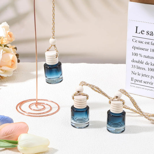 Refillable Hanging Car Diffuser – Blue Glass with Wooden Top