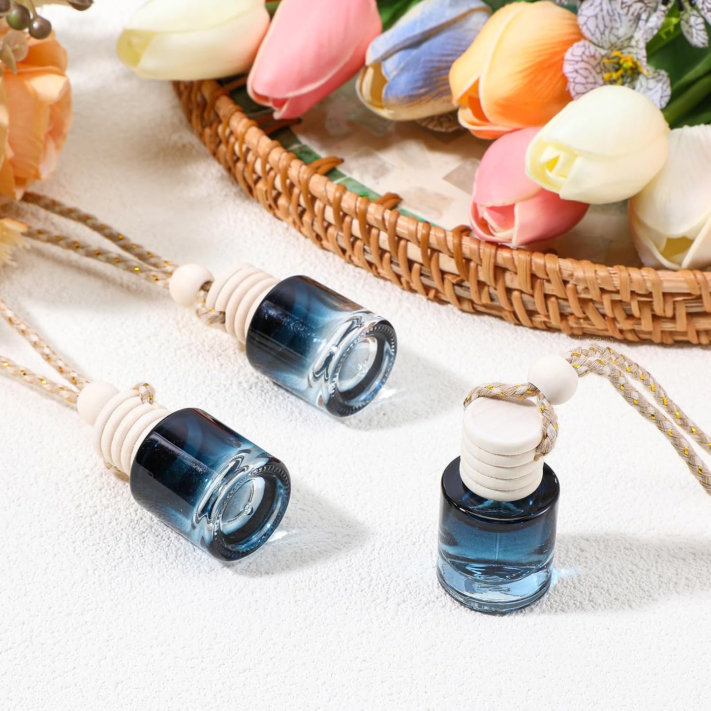 Refillable Hanging Car Diffuser – Blue Glass with Wooden Top