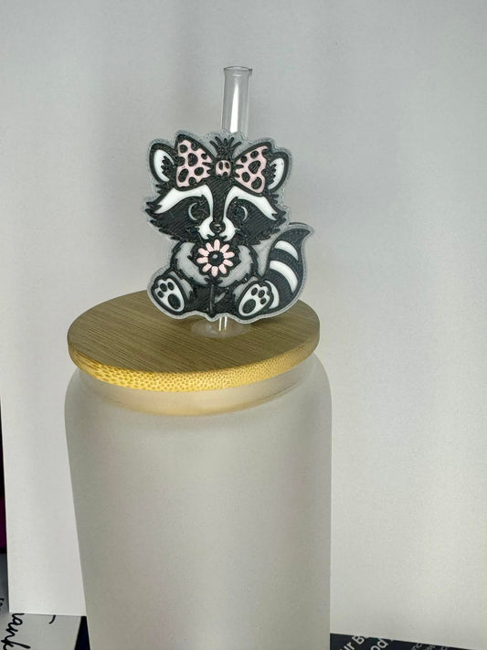 Raccoon Straw Topper – Pink Bow Cute Tumbler Accessory