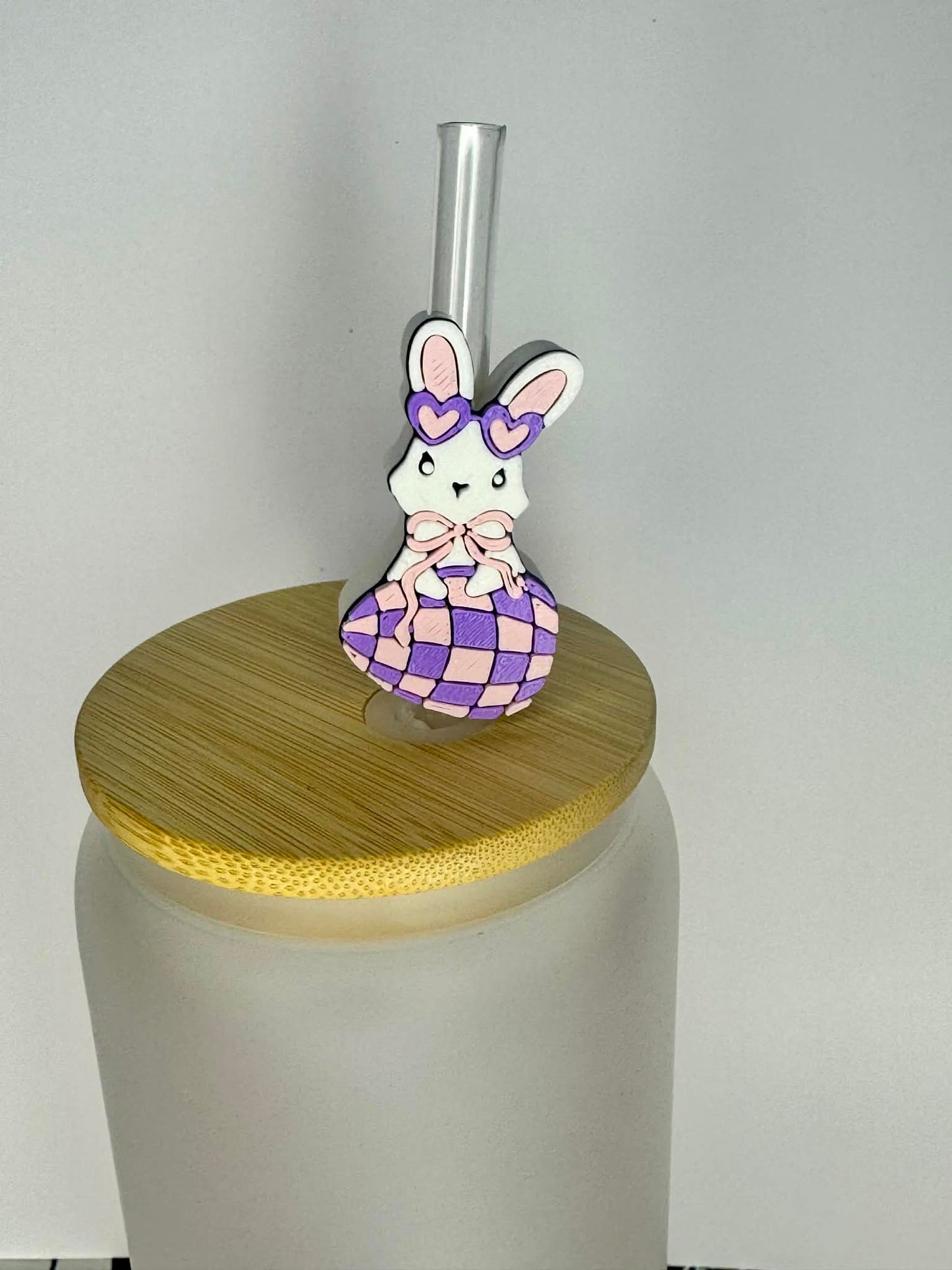 Bunny Straw Topper – Purple Checkered Cute Cup Accessory