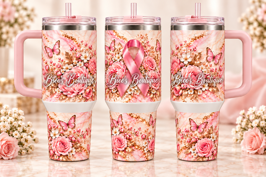 Pink Ribbon Floral Breast Cancer Awareness 40oz Tumbler