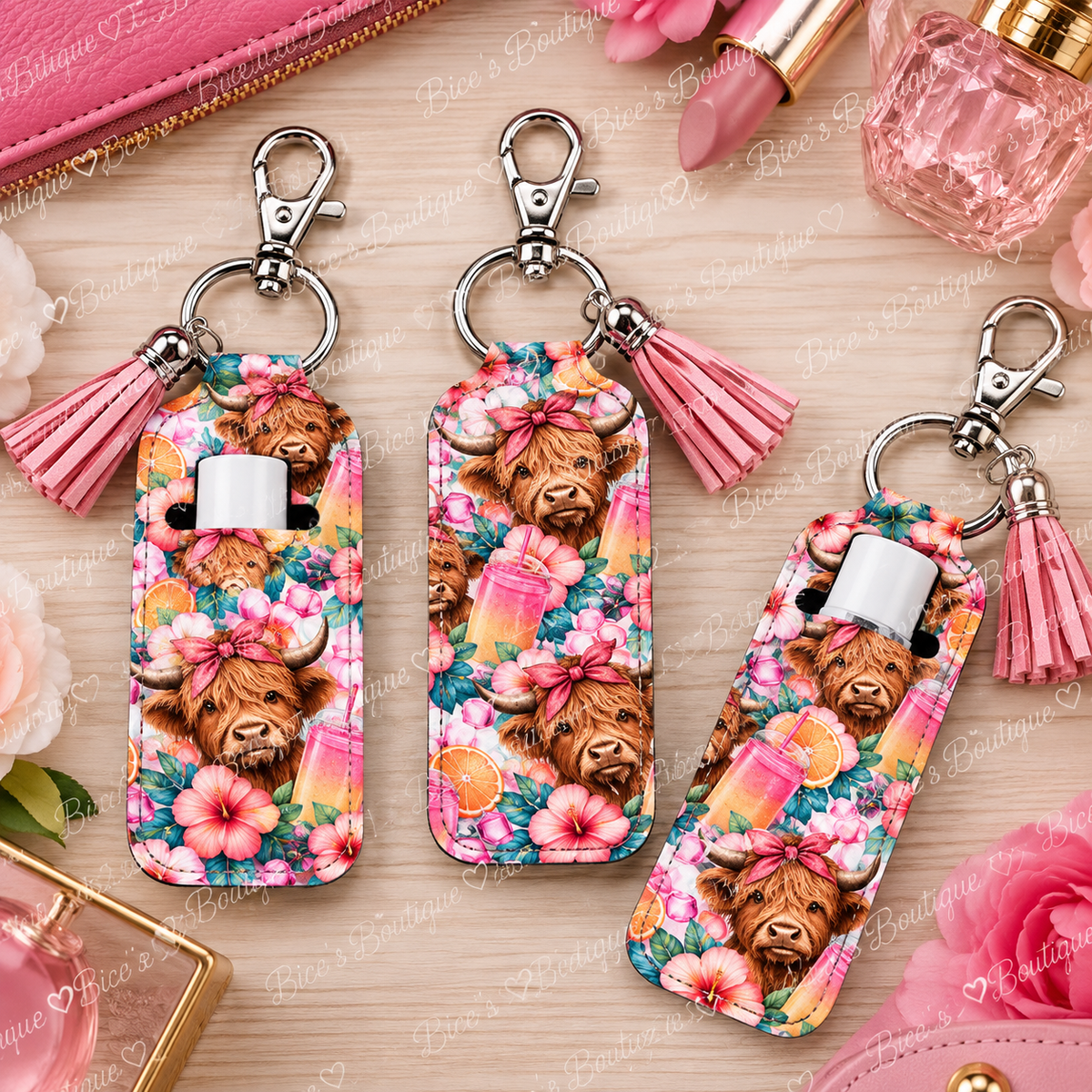 Highland Cow Loaded Tea Chapstick Holder Keychain