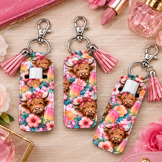 Highland Cow Loaded Tea Chapstick Holder Keychain