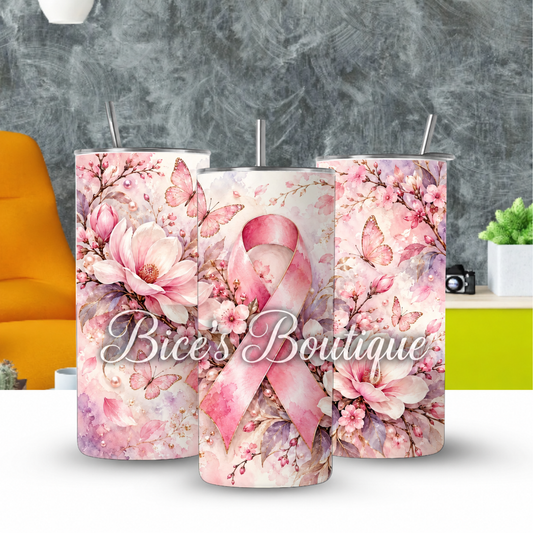 Pink Ribbon Floral Awareness Tumbler