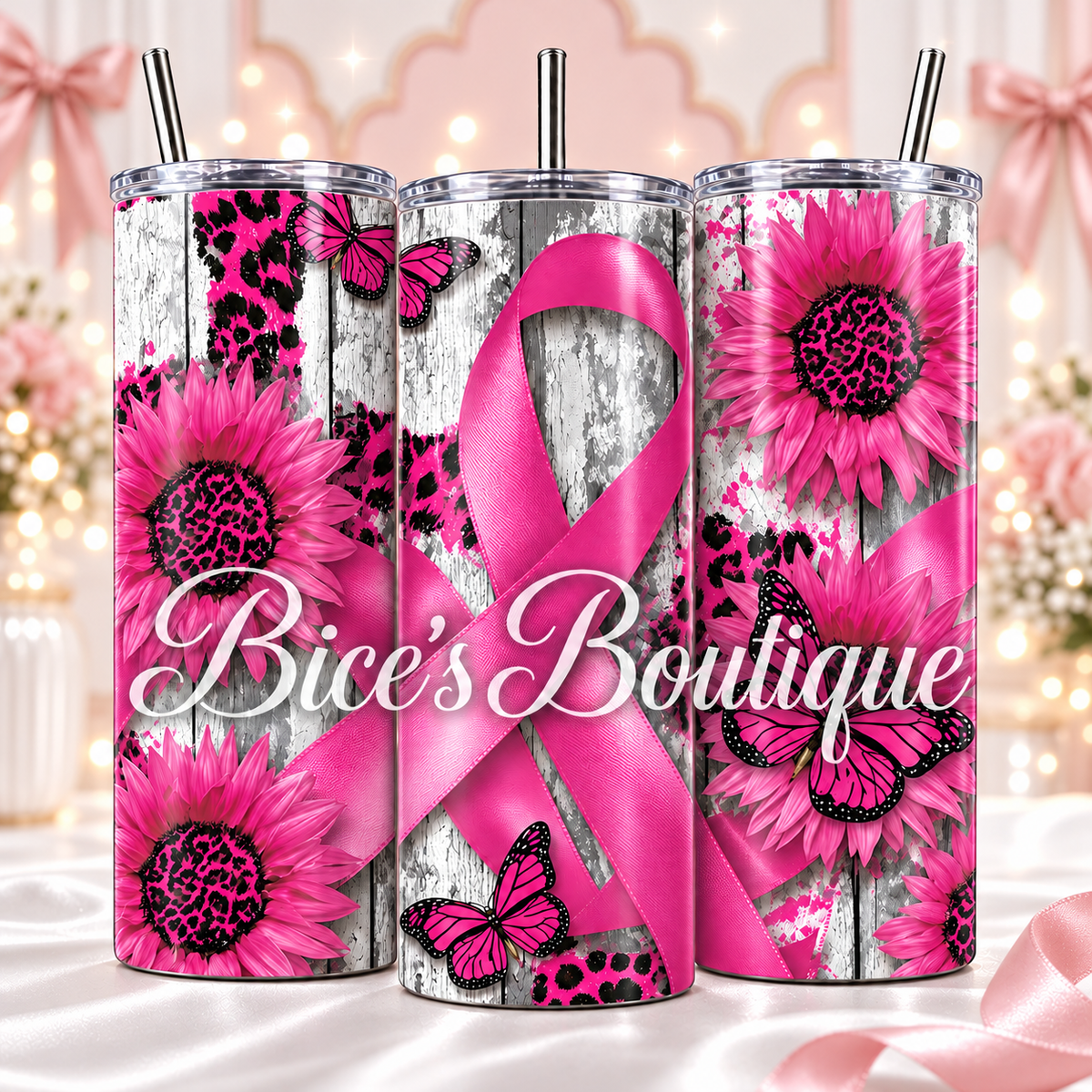 Pink Ribbon & Leopard Sunflower 20oz Tumbler