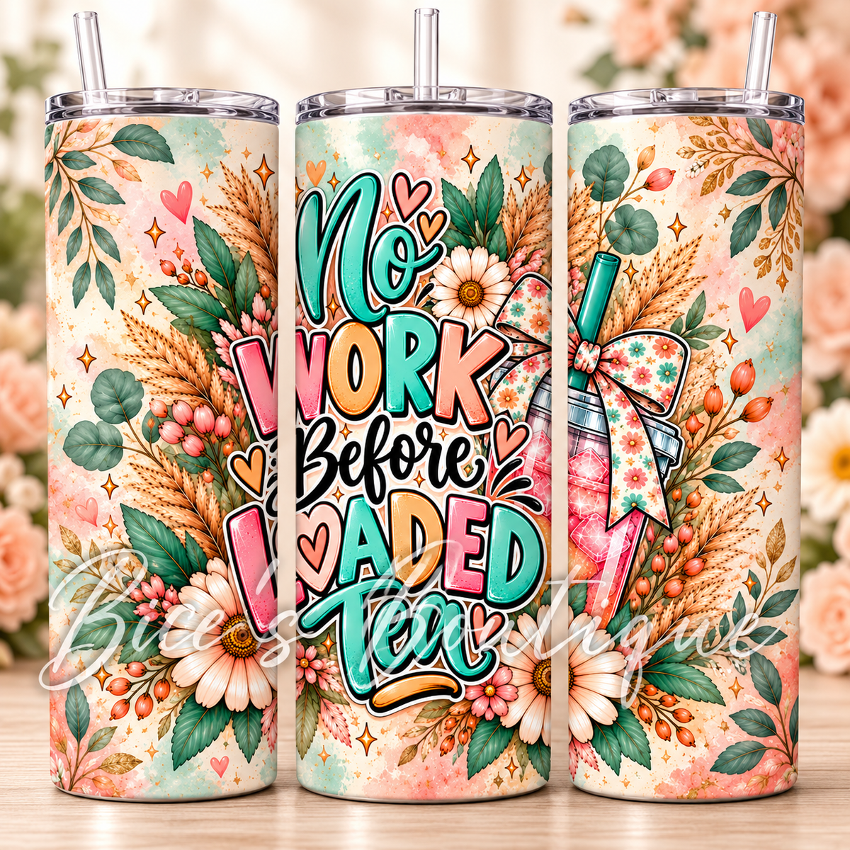 No Work Before Loaded Tea 20oz Tumbler – Boho Floral