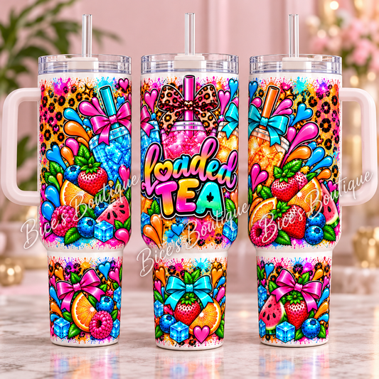 Loaded Tea Vibes 40oz Handle Tumbler – Neon Bows & Leopard