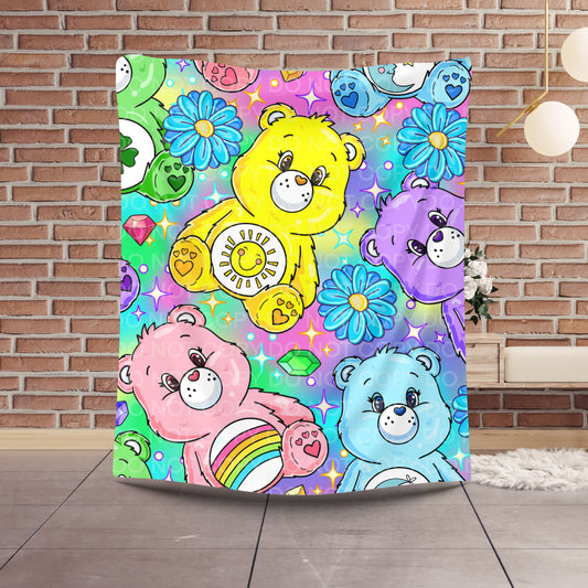 Colorful Retro Bear Plush Blanket – Rainbow Cartoon Character Throw