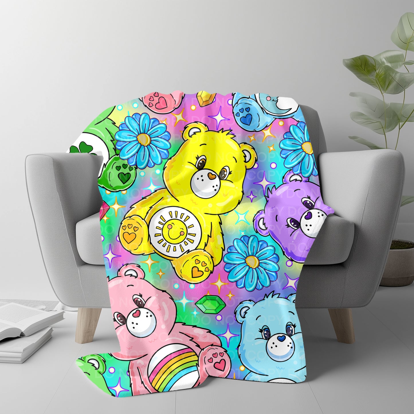 Colorful Retro Bear Plush Blanket – Rainbow Cartoon Character Throw