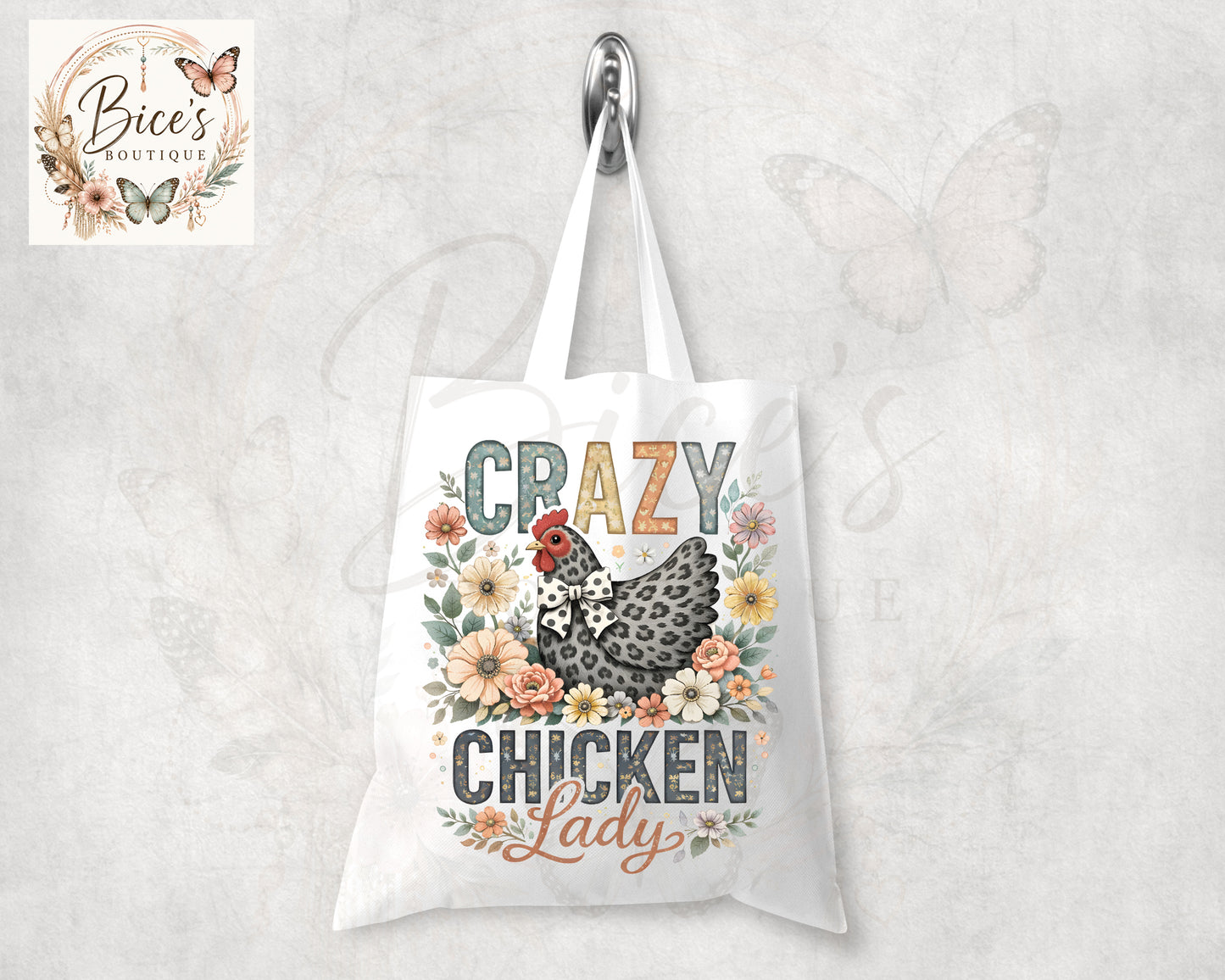 Crazy Chicken Lady Canvas Tote Bag | Farmhouse Chicken Reusable Shopping Tote | Floral Hen Gift