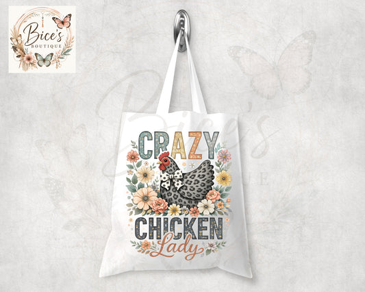 Crazy Chicken Lady Canvas Tote Bag | Farmhouse Chicken Reusable Shopping Tote | Floral Hen Gift