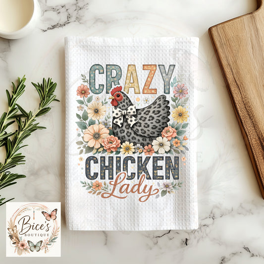 Crazy Chicken Lady Waffle Kitchen Towel | Farmhouse Chicken Tea Towel | Floral Country Kitchen Décor