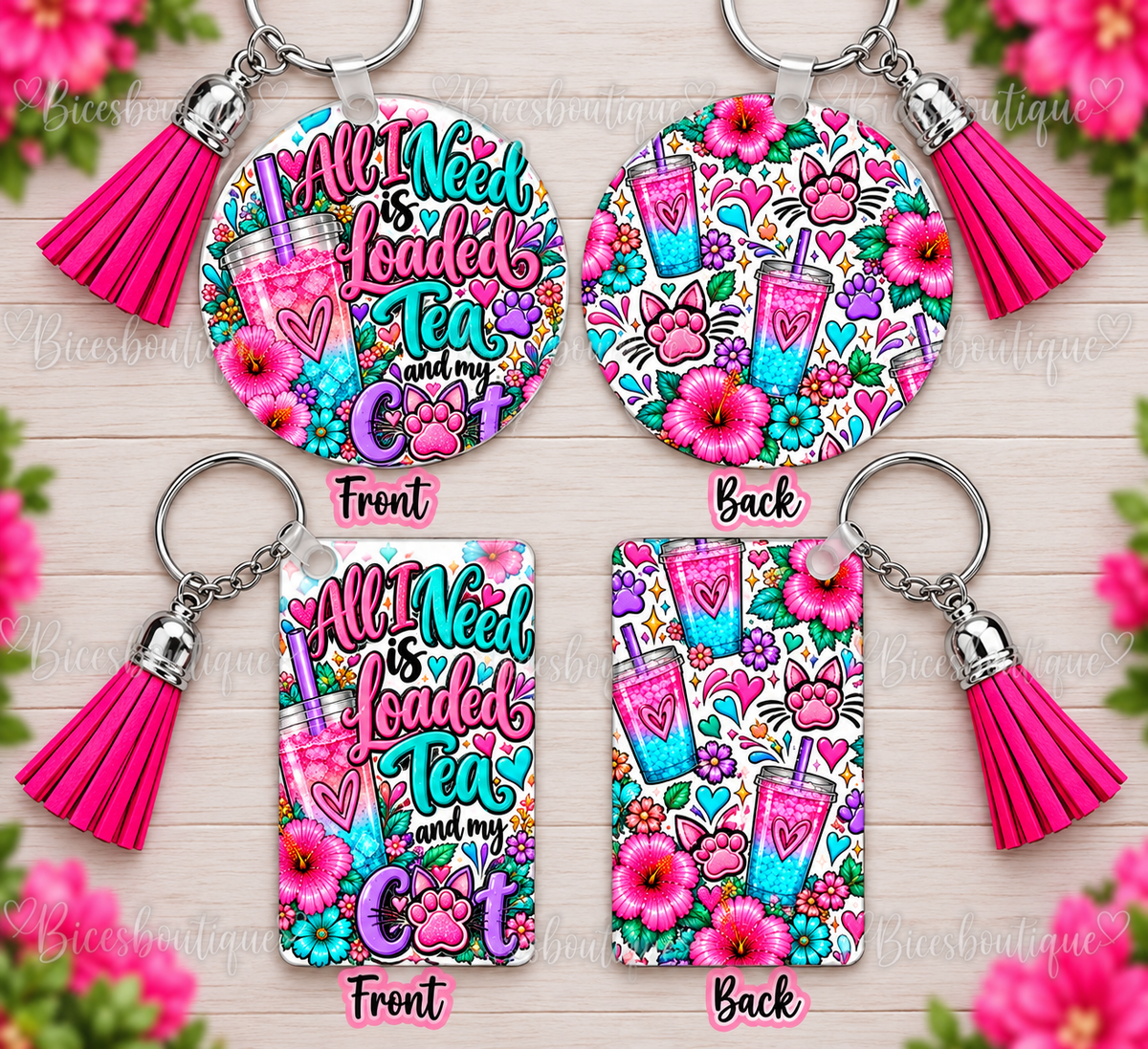 All I Need Is Loaded Tea & My Cat Keychain | Round or Rectangle Cat Mom Keychain with Pink Tassel