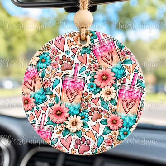 Loaded Tea & Dog Lover Felt Car Freshie | Floral Hanging Car Air Freshener with 8ml Fragrance Spray