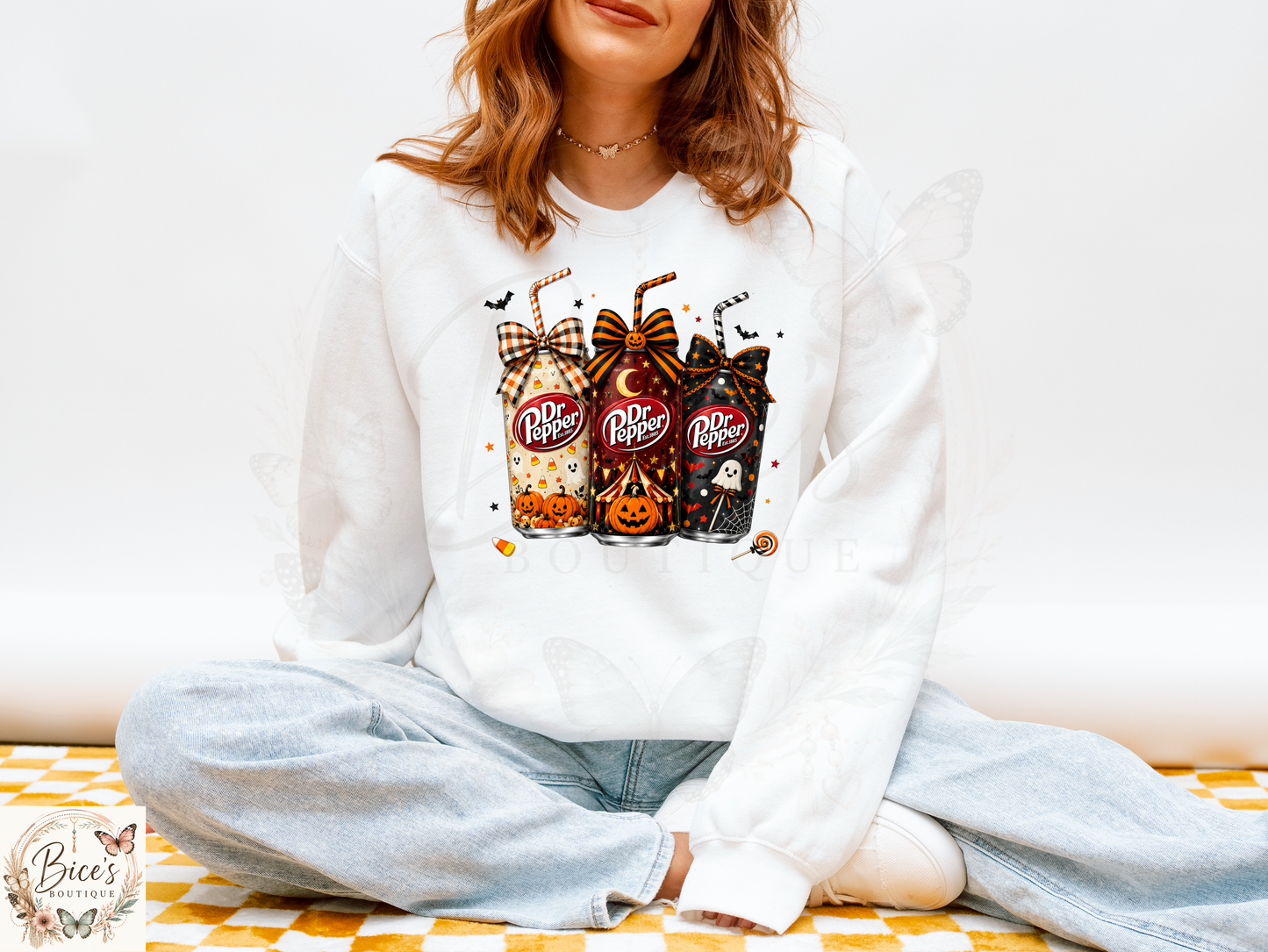 Halloween Soda Trio Graphic Sweatshirt | Cute Spooky Fall Crewneck | Pumpkin & Ghost Autumn Pullover