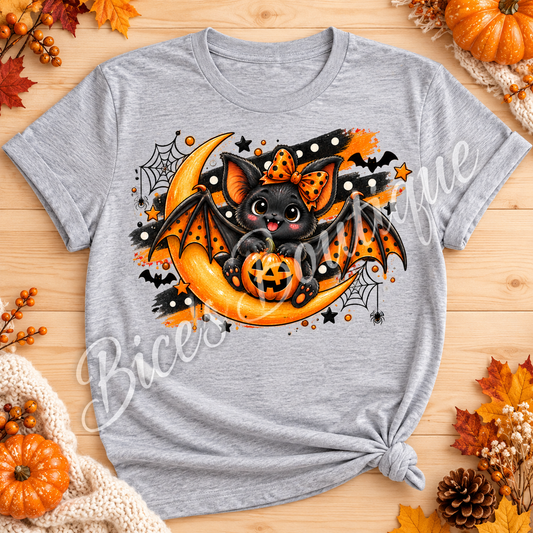 Cute Halloween Bat & Moon Graphic Tee