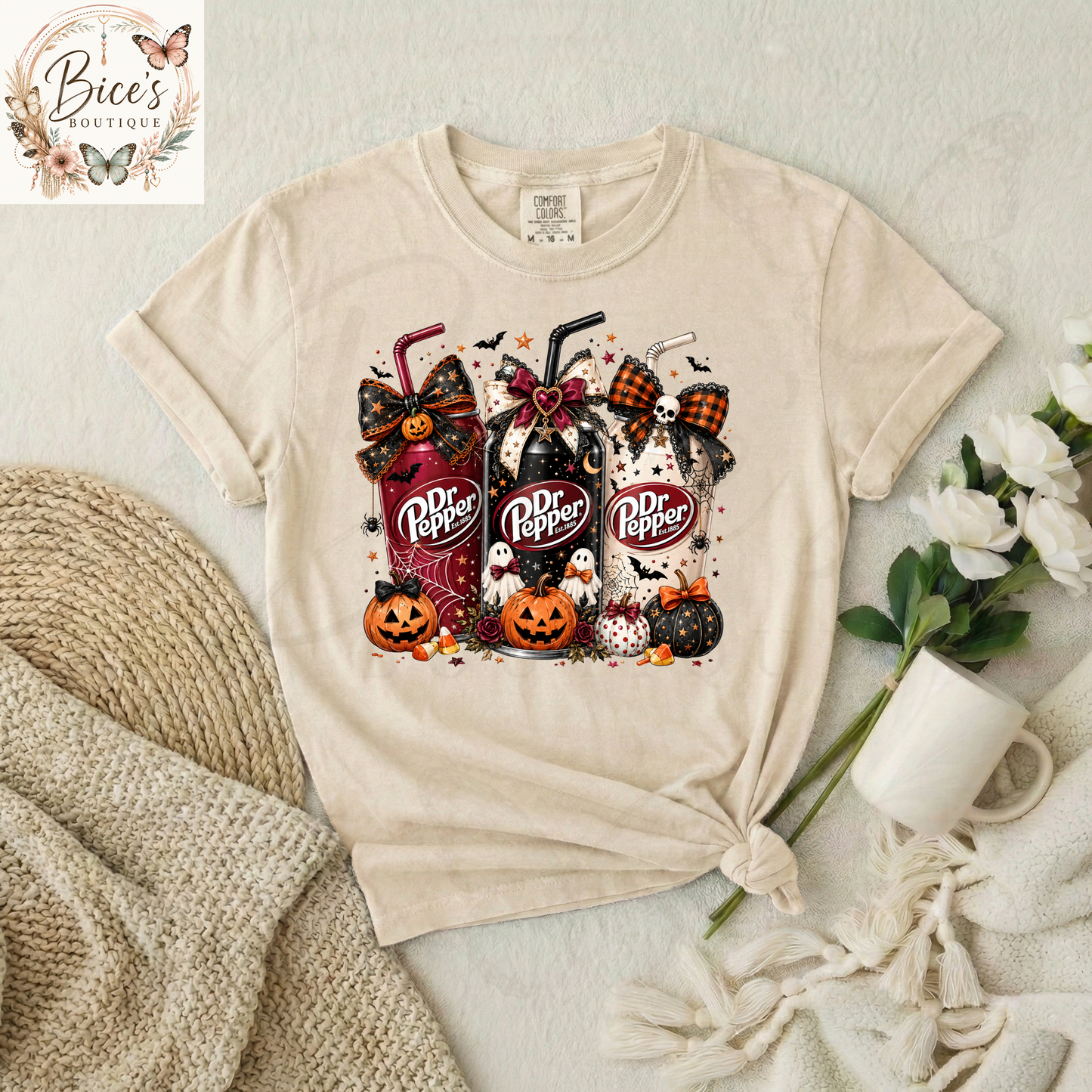 Spooky Soda Trio Halloween Graphic T-Shirt | Cute Pumpkin Fall Tee | Autumn Beverage Lover Shirt